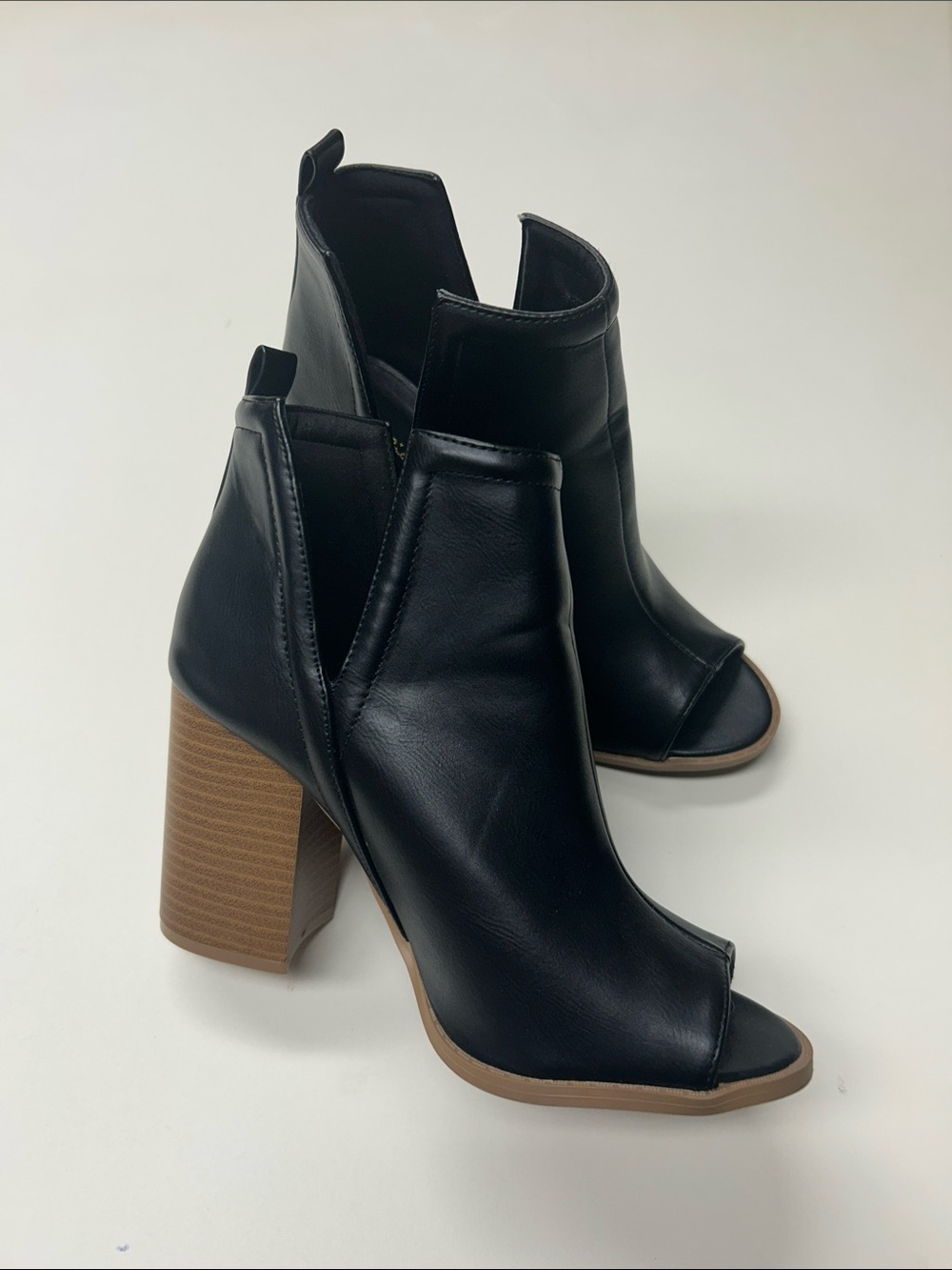 Qupid Black Peep-Toe Block Heel Ankle Boots